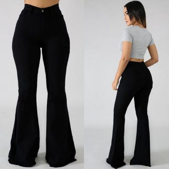 OhKayCloset Denim - Flare leg Frayed hem Bell Bottom High waisted super stretch denim Jeans 5 pocket